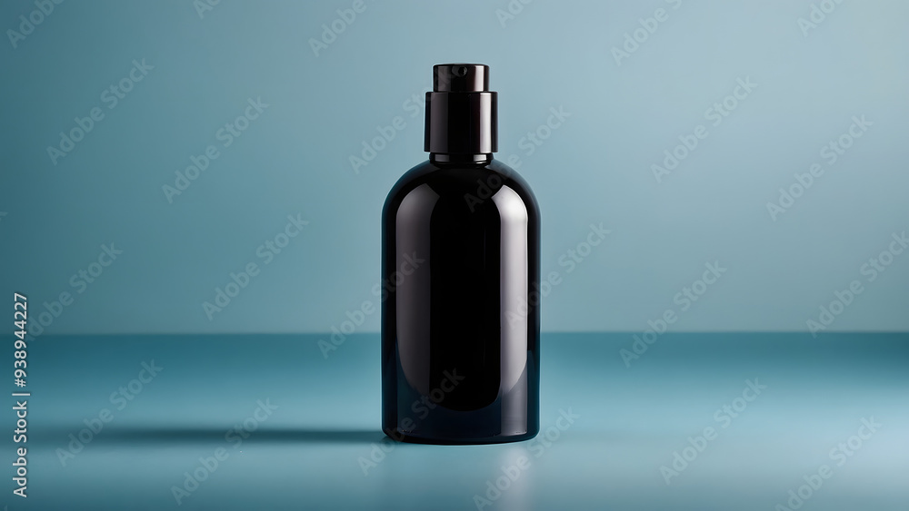 Black bottle for cosmetic products on a blue background Black bottle for cosmetic products on a blue background