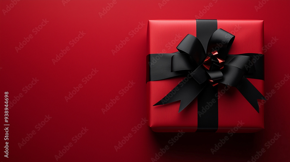 Red Gift Box with Black Ribbon Bow on Red Background Red Gift Box with Black Ribbon Bow on Red Background