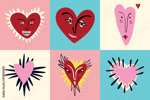 A card with hearts for Valentine's Day. Groovy cute love characters. Vector illustration in doodle style