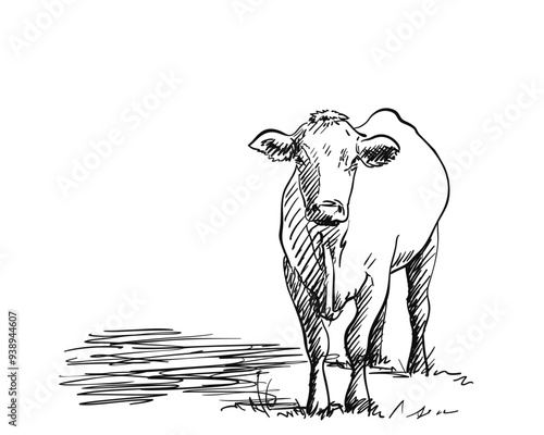 Full-length drawing of a cow, Vector sketch of a hornless cow standing in a pasture and looking forward, Front view, Hand drawn illustration