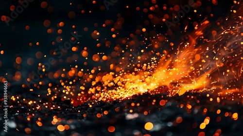 Abstract backgrund of sparks and fire line of molten metal from the burning of iron at night