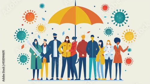 A group of people are standing under an umbrella, with a vaccine
