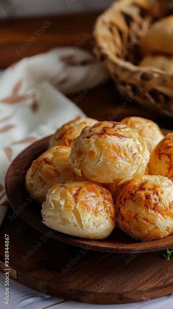 Delicious golden-brown baked pastries on a wooden plate with a woven basket of bread rolls in the background, showcasing a warm and inviting culinary spread Delicious golden-brown baked pastries on a wooden plate with a woven basket of bread rolls in the background, showcasing a warm and inviting culinary spread