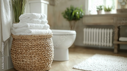 A basket of white towels sits next to a toilet. The towels are neatly stacked and the basket is made of woven material. The bathroom is clean and well-organized, with a rug on the floor
