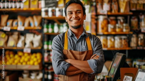 A cheerful shopkeeper stands confidently in his vibrant grocery store, surrounded by colorful products and fresh produce, ready to assist customers during the busy afternoon hours