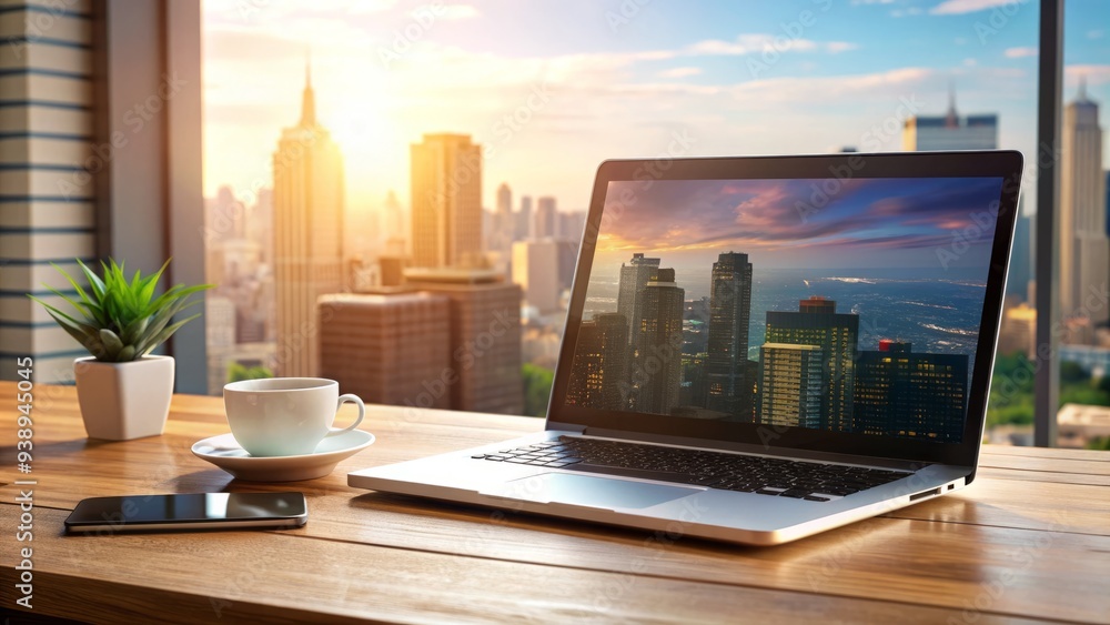 Modern laptop screen displaying a sleek website design with a cityscape background, surrounded by coding books and a cup of coffee on a wooden desk. Modern laptop screen displaying a sleek website design with a cityscape background, surrounded by coding books and a cup of coffee on a wooden desk.