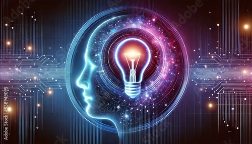 A futuristic, digital-themed image featuring a human head silhouette composed of glowing blue and purple hues