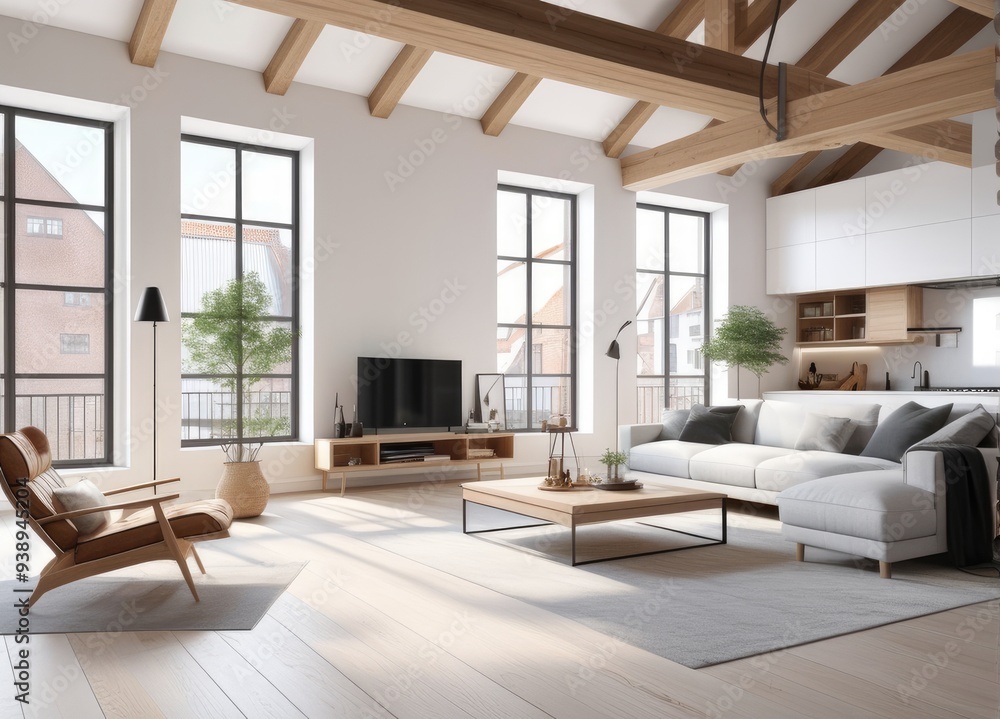 Fototapeta premium new modern scandinavian loft apartment. 3d rendering