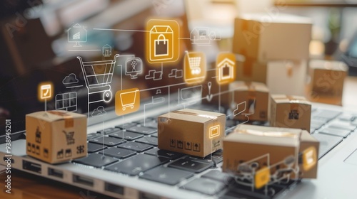 A laptop screen shows a box with a shopping cart on it