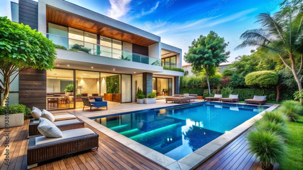 Modern luxury home with sparkling blue swimming pool surrounded by lush greenery, sunny patio, and outdoor furniture, perfect for relaxation and entertainment. Modern luxury home with sparkling blue swimming pool surrounded by lush greenery, sunny patio, and outdoor furniture, perfect for relaxation and entertainment.