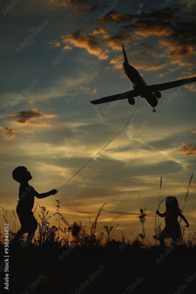 Two children joyfully fly a toy airplane while silhouetted against a vibrant sunset sky Two children joyfully fly a toy airplane while silhouetted against a vibrant sunset sky