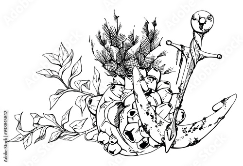 Marine life, sea ocean underwater creatures fish, shells algae seaweed, Ink and pen sketch hand drawn. Composition illustration, stylized, isolated on white. For zoo shop, aquarium, cosmetics, resort