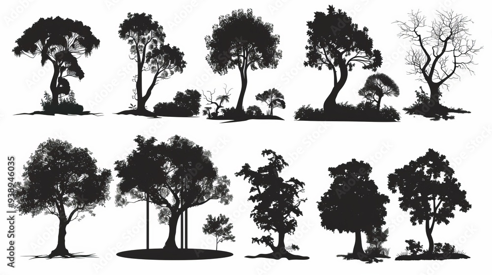Fototapeta premium A collection of tree silhouettes, some of which are in the process of dying
