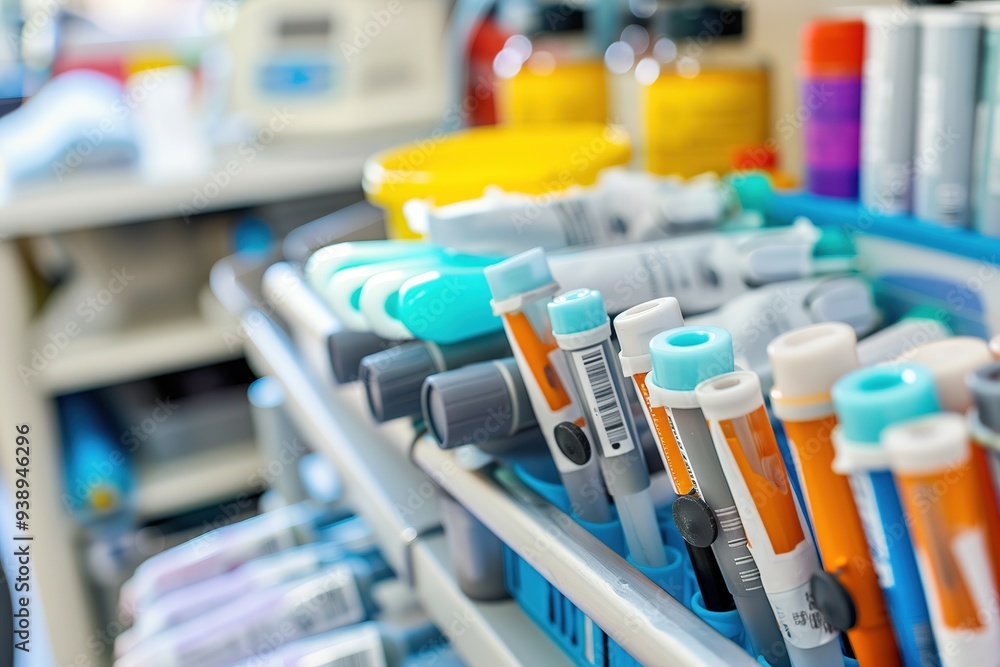 Medical supplies and syringes organized on a tray in a healthcare facility Medical supplies and syringes organized on a tray in a healthcare facility