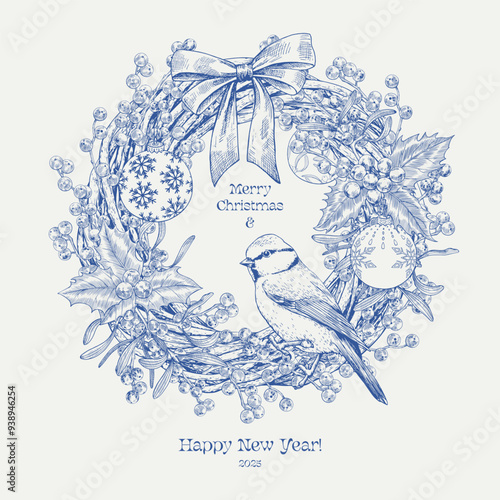 Toile art Christmas wicker wreath with tit bird twig and holly berries mistletoe balls bow Blue beige. Hand drawn elements. Vector vintage holidays illustration for design greeting card new year decor