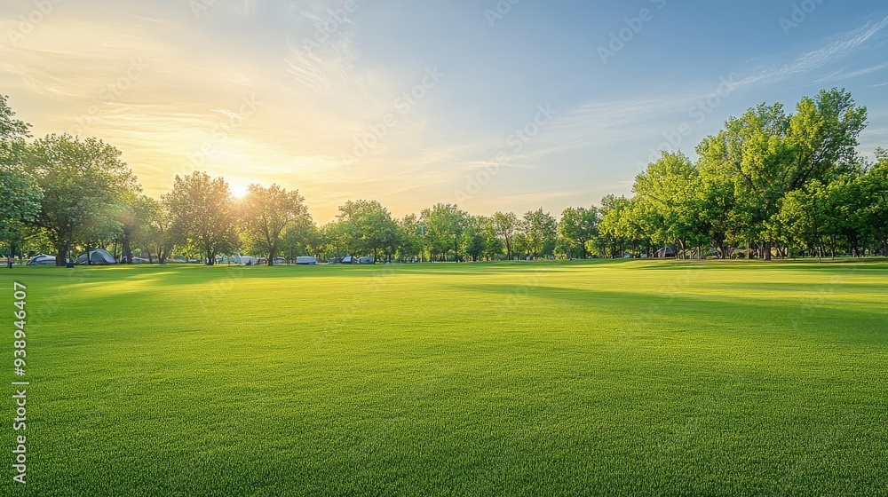 A Tranquil Grassy Lawn with Trees and a Clear Sky Offers a Peaceful Setting. A Tranquil Grassy Lawn with Trees and a Clear Sky Offers a Peaceful Setting.