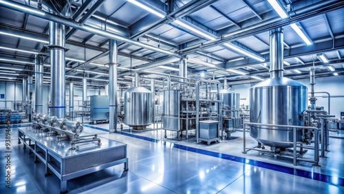 Modern pharmaceutical manufacturing plant with rows of stainless steel equipment, gleaming pipes, and automated production lines under bright fluorescent lighting.