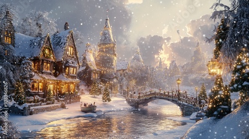 Snowy Christmas Village with Bridge and River