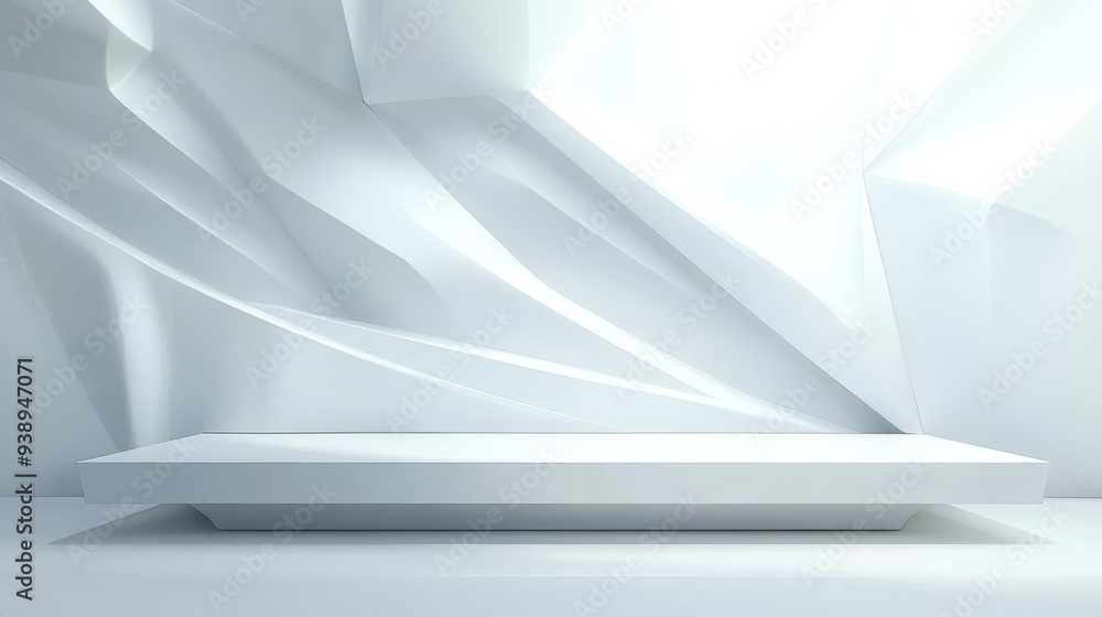 Obraz premium A Simple and Stylish White Stage with a Geometric Background and Shelf for Product Promotion.