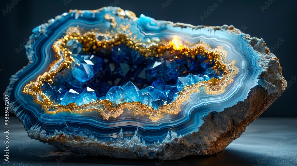 Fototapeta premium Blue agate geode showcases sparkling crystal formations and intricate banding under soft lighting