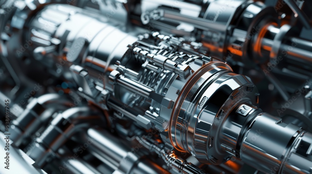 A machine with many parts and a shiny silver color A machine with many parts and a shiny silver color