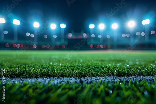  Baseball stadium at night, focus on the field with lights, with copy space