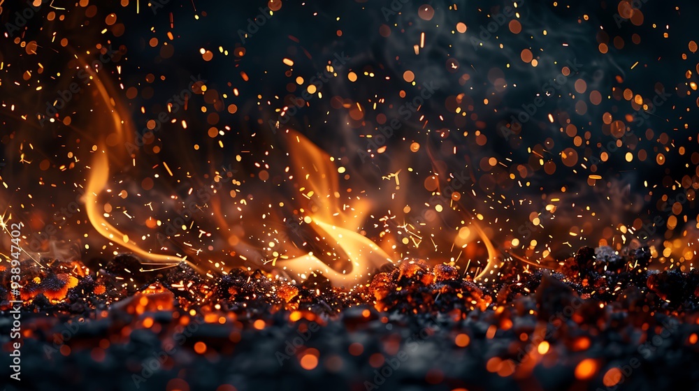 Abstract backgrund of sparks and fire line of molten metal from the burning of iron at night Abstract backgrund of sparks and fire line of molten metal from the burning of iron at night
