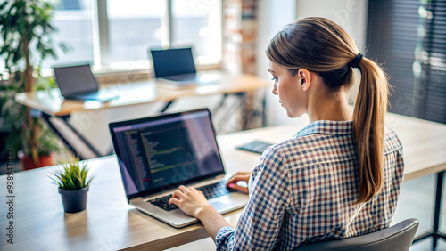 Young woman with glasses, working at a laptop, looking from the back, a freelancer girl or a student at a computer