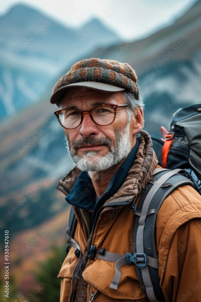 Obraz premium Elderly hiker with a beard in a brown jacket and cap, standing on a mountain trail with a scenic backdrop of peaks and autumn foliage during a cloudy day in the mountains