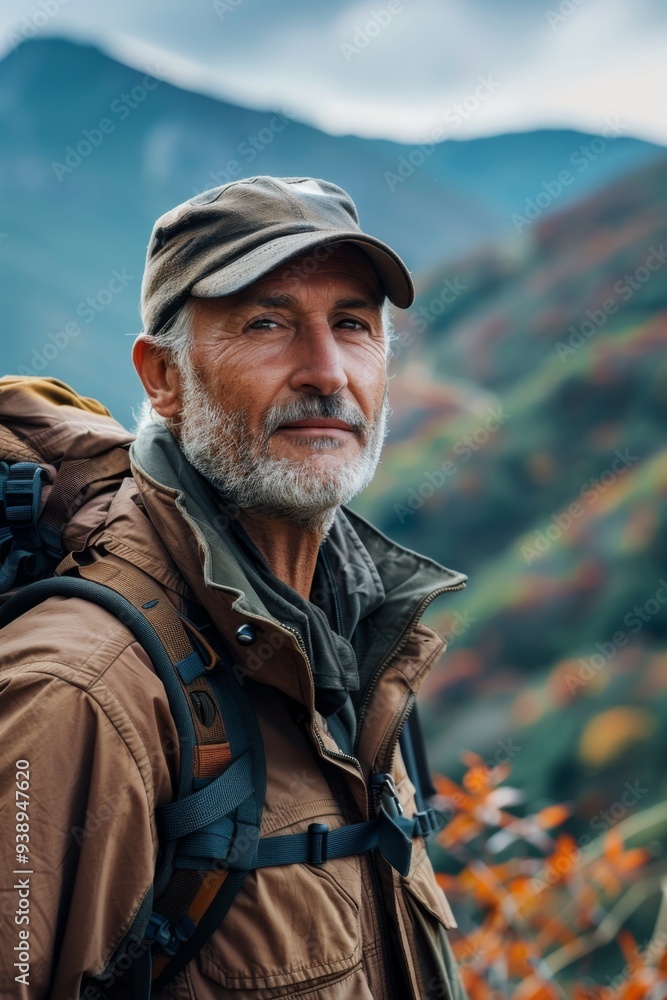 Obraz premium portrait of a middle-aged man exploring the great outdoors, dressed for hiking and surrounded by panoramic mountain views, capturing the spirit of outdoor recreation and personal achievement.