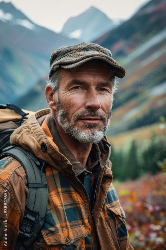 A middle-aged man with a beard and cap stands in front of a breathtaking mountain landscape during autumn, showcasing nature's vibrant colors in the wilderness A middle-aged man with a beard and cap stands in front of a breathtaking mountain landscape during autumn, showcasing nature's vibrant colors in the wilderness