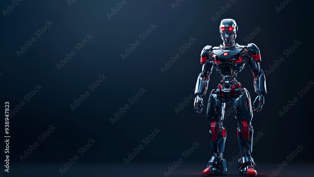 Futuristic humanoid robot stands in a dark background. Futuristic humanoid robot stands in a dark background.