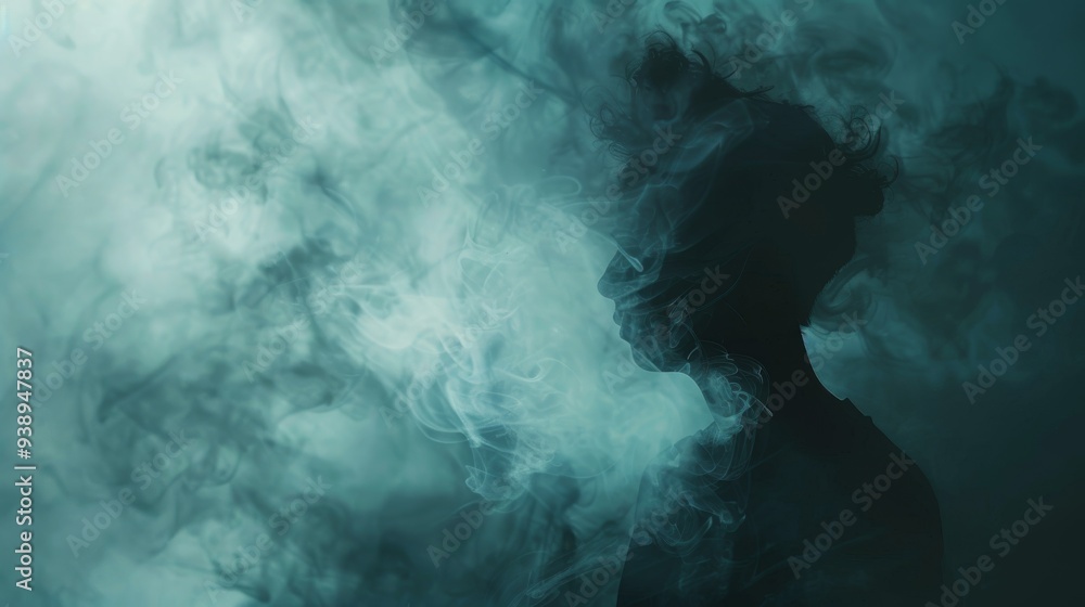 A person is standing in front of a blue background with smoke A person is standing in front of a blue background with smoke