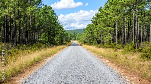 Road disappearing into the distance among tall pines, endless possibilities