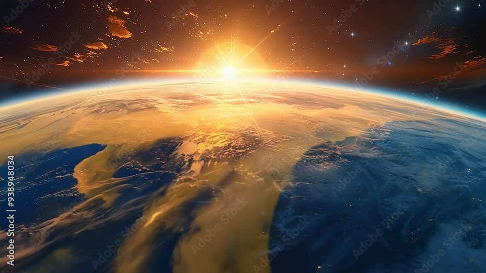 Sunrise over the Earth. View from space. The earth rotates towards the sun. The camera moves away. Realistic atmosphere. Volumetric clouds. Sunrise over the Earth. View from space. The earth rotates towards the sun. The camera moves away. Realistic atmosphere. Volumetric clouds.