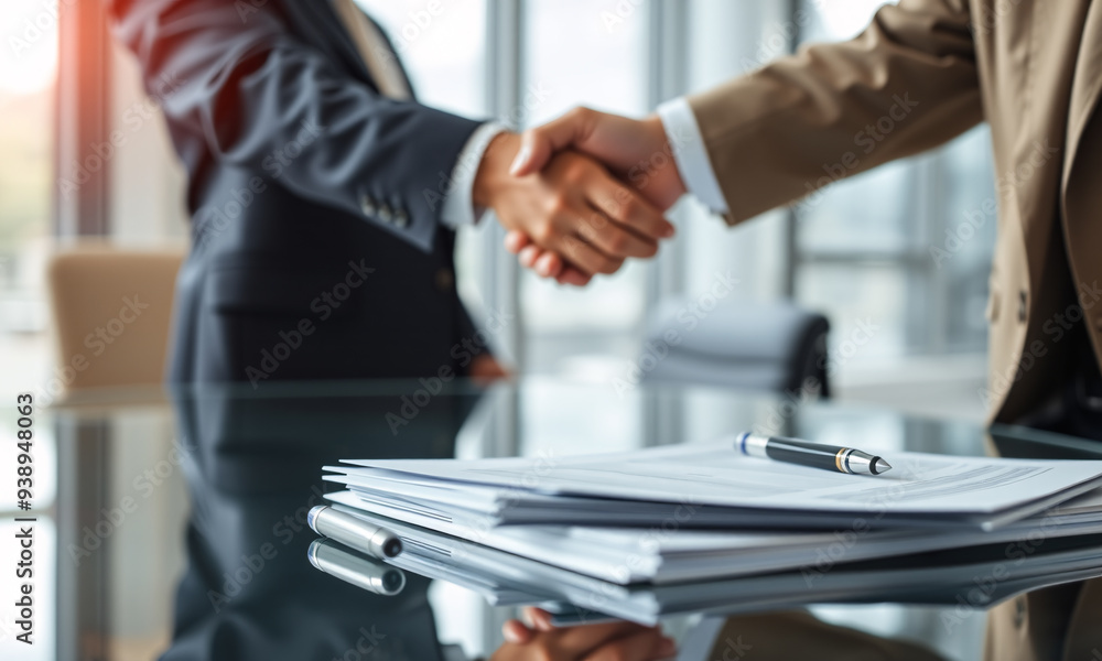 An elegant image capturing the moment of a business handshake across a glass table