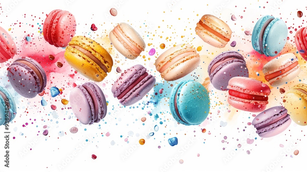 Obraz premium Colorful macarons in different flavors are spread across a bright surface sprinkled with vibrant toppings