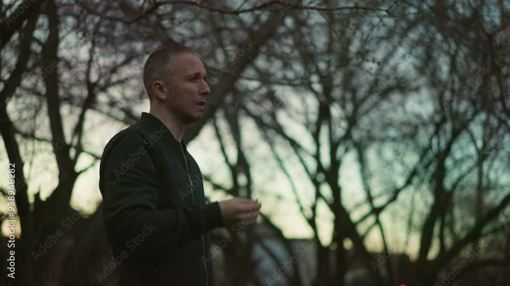 A side view of a man in a green jacket smoking a cigarette in the forest at dusk, with blurred background of trees and the dimming light A side view of a man in a green jacket smoking a cigarette in the forest at dusk, with blurred background of trees and the dimming light