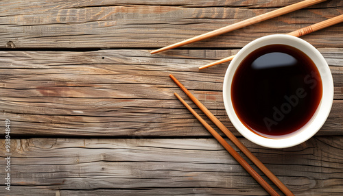 Bowl with soy sauce and chopsticks on wooden table, top view. Space for text