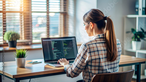Young woman with glasses, working at a laptop, looking from the back, a freelancer girl or a student at a computer
