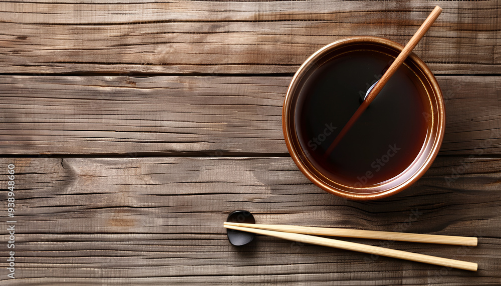 Bowl with soy sauce and chopsticks on wooden table, top view. Space for text Bowl with soy sauce and chopsticks on wooden table, top view. Space for text