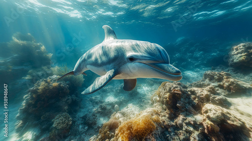 A playful dolphin swims close to vibrant coral in crystal-clear waters photo