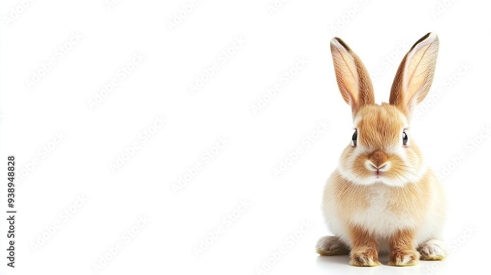 A bunny with floppy ears sitting on a white background, with room for copy or promotional text. A bunny with floppy ears sitting on a white background, with room for copy or promotional text.