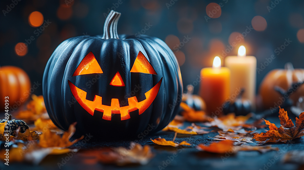 Black pumpkin-headed jack-o'-lantern on a Halloween background with fall leaves and candles
