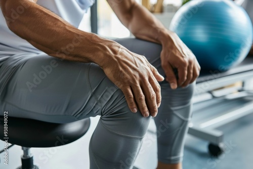 A man resting on a chair in a gym, focusing on his knee while preparing for an exercise session with a fitness ball in the background during daylight hours