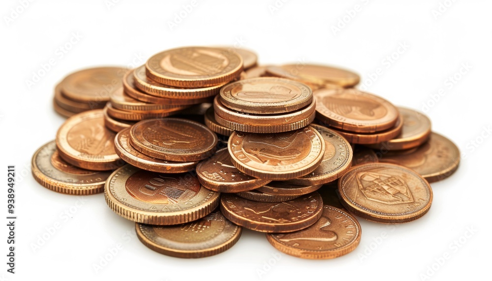 Pile of Copper Coins Stacked on White Background Pile of Copper Coins Stacked on White Background