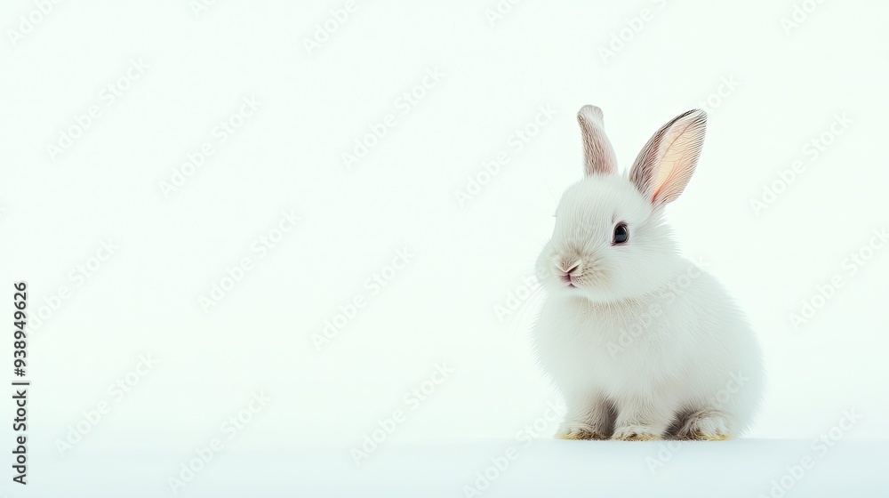 Fototapeta premium A fluffy bunny sitting quietly on a white background, with room for copy or promotional text.