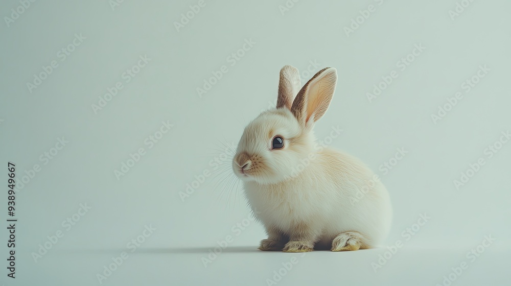 Obraz premium A fluffy bunny sitting quietly on a white background, with room for copy or promotional text.