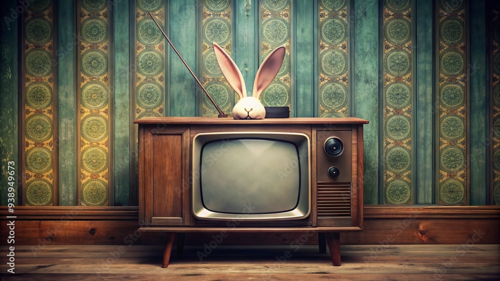 Nostalgic Television Set With Rabbit Ears Antenna Sits Atop A Vintage ...