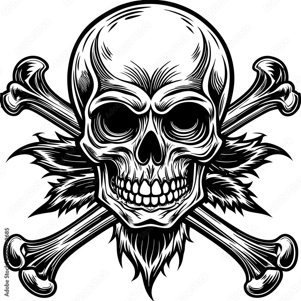 A black and white image of a skull with crossbones generated by AI. A black and white image of a skull with crossbones generated by AI.